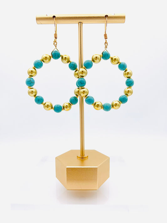 Gold and Turquoise Beaded Hoops